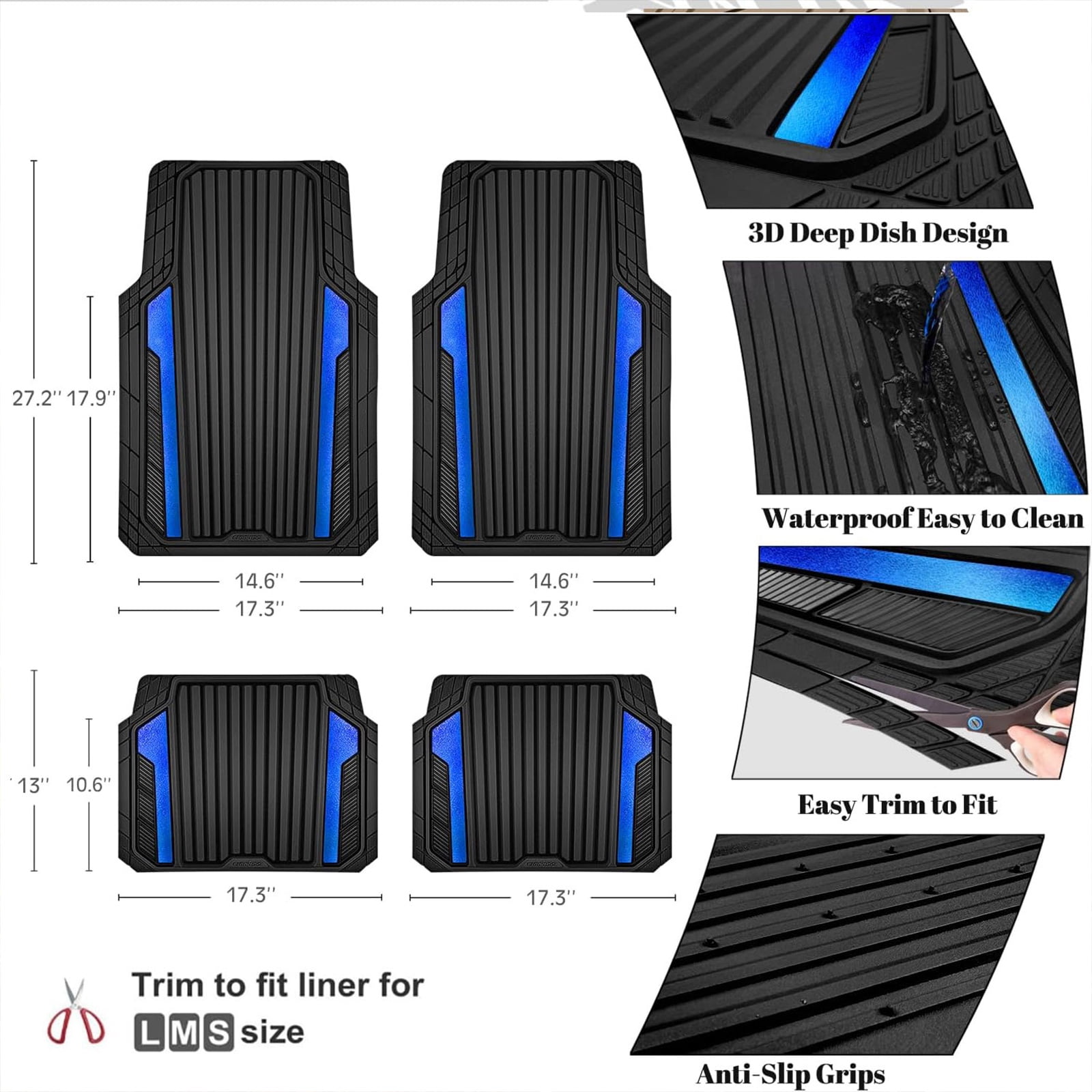 CAR GRAND Heavy Rubber Car Floor Mats, Deep Waterproof Car Mats All Weather, Universal Trim-to Fit Automotive Floor Mats for Car SUV Truck Van, Durable Floor Liners waterproof anti-slip black blue