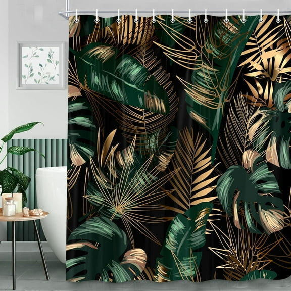 Tropical Shower Curtain,Green Plants Leaves Gold Botanical Jungle Bathroom Decor Shower Curtain Sets,Black Polyester Fabric with 12 Plastic Hooks 72X72in