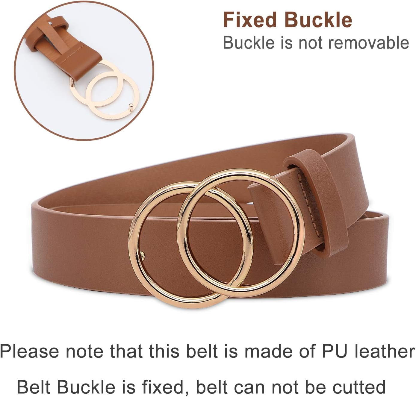 Women Leather Belt Fashion Double O-Ring Soft Faux Leather 