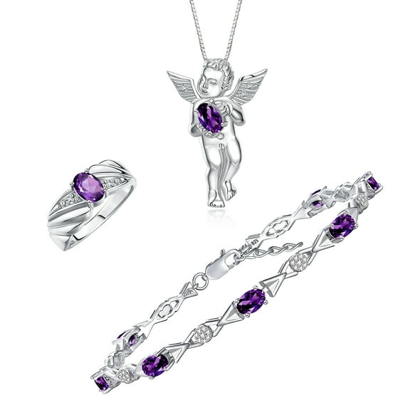 RYLOS Matching jewelry Sterling Silver Guardian Angel Set: Necklace, Tennis Bracelet, & Ring. Gemstone & Diamonds, 7"-8" Wrist & 18" Chain. Amethyst February Birthstone; Size 5