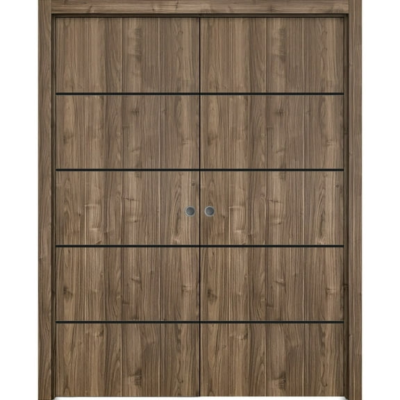 Sliding French Double Pocket Doors 36 x 80 inches | Planum 0015 Walnut with Frosted Glass | Kit Trims Rail Hardware | Solid Wood Interior Bedroom Sturdy Doors