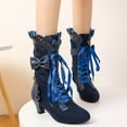 thumbnail image 2 of Vintage Lace Mid Calf Combat Boots for Women Cocktail Party Bow Leather Suede Kitten Heels Dress Boots Blue, 2 of 7