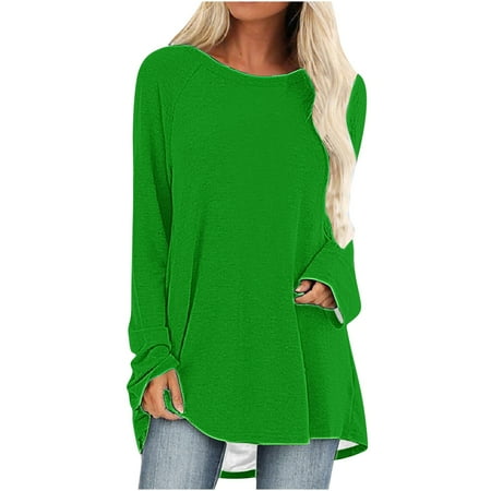 Frostluinai Fall Clothes For Women 2022 Sweaters Plus Size Tunic Top For Women Casual Gradient Printed Long Sleeve Crewneck Buttons Side Tops Irregular Pullover Blouse Tops