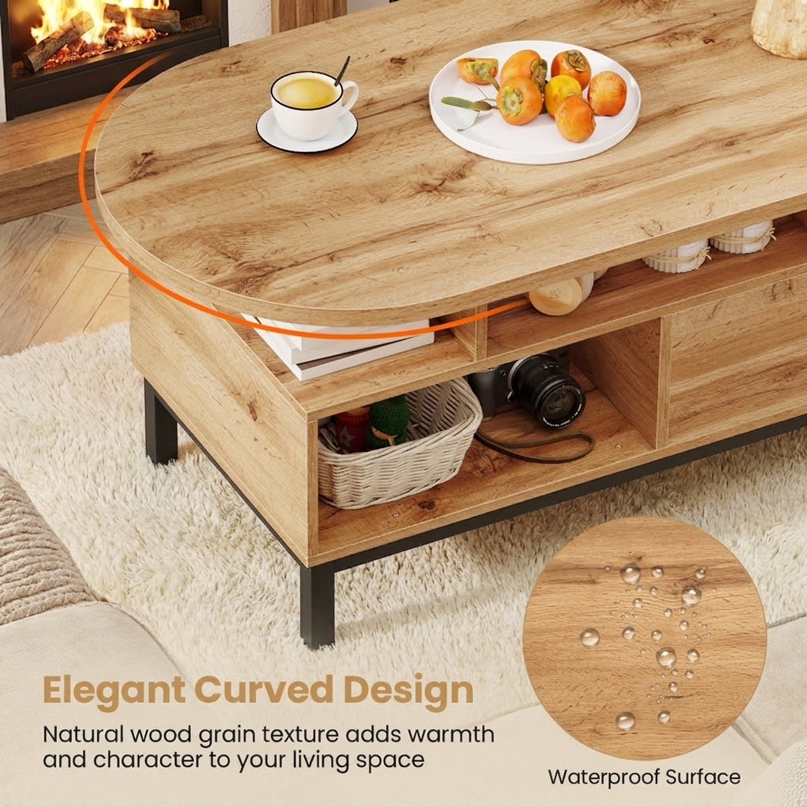 Furnibear 47 Inch Oval Coffee Table with Storage and Open Compartments for Living Room - Natural - Living Room Cocktail Center Table