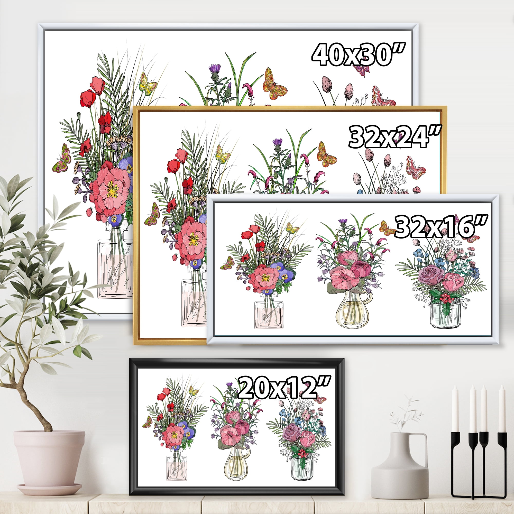Designart 'Transparent Vases With Bouquets of Wildflowers II' Farmhouse Framed Canvas Wall Art Print