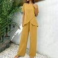 thumbnail image 2 of Two Piece Sets for Women Trendy Casual Short Sleeve Round Neck Solid Top and Elastic Waist Long Pants Sets, 2 of 9