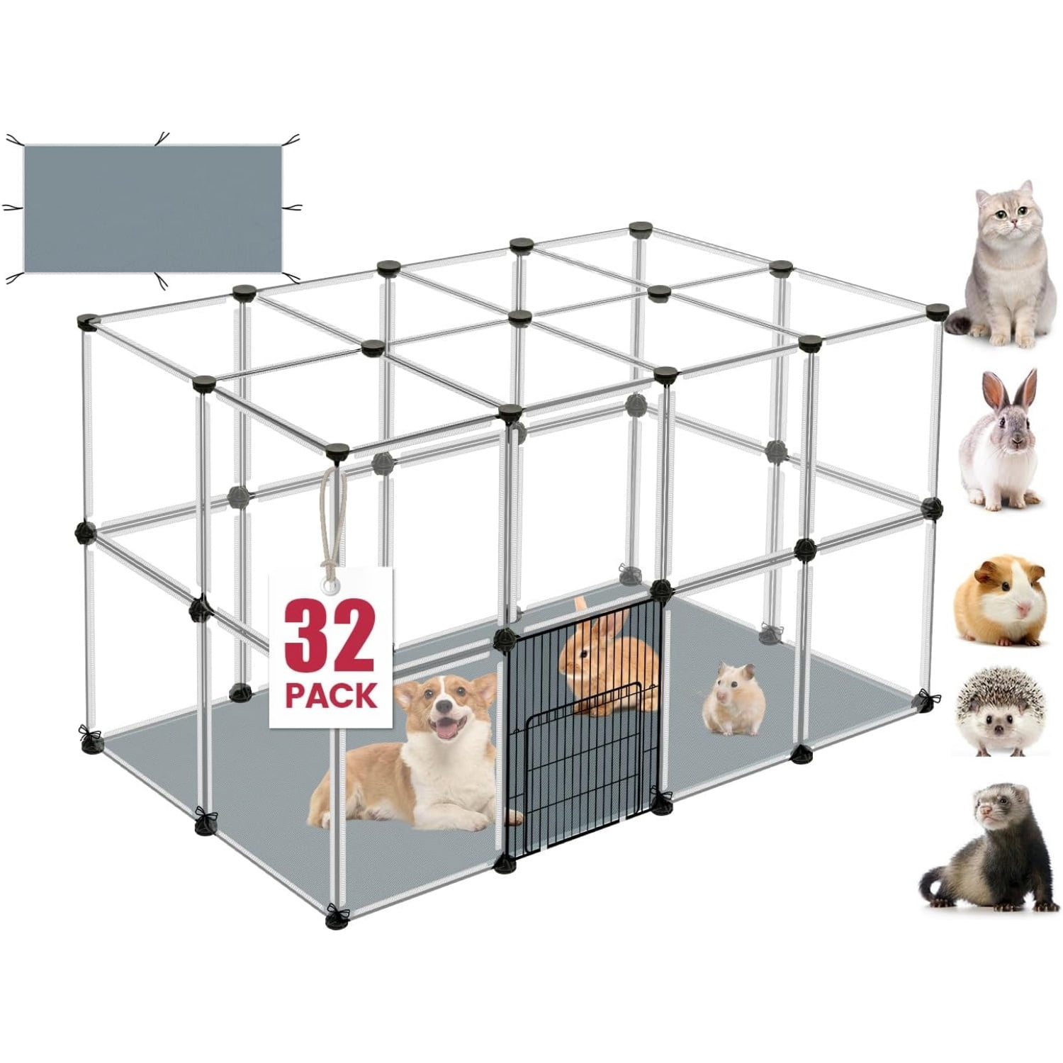 48" x 32" x 24" Transparent Playpen with Waterproof Mat,Plastic Enclosure,Puppy Play Pen for Chicken,Pet Fence for Guinea Pigs,Bunny,Ferrets,Hamsters,Hedgehogs Indoor