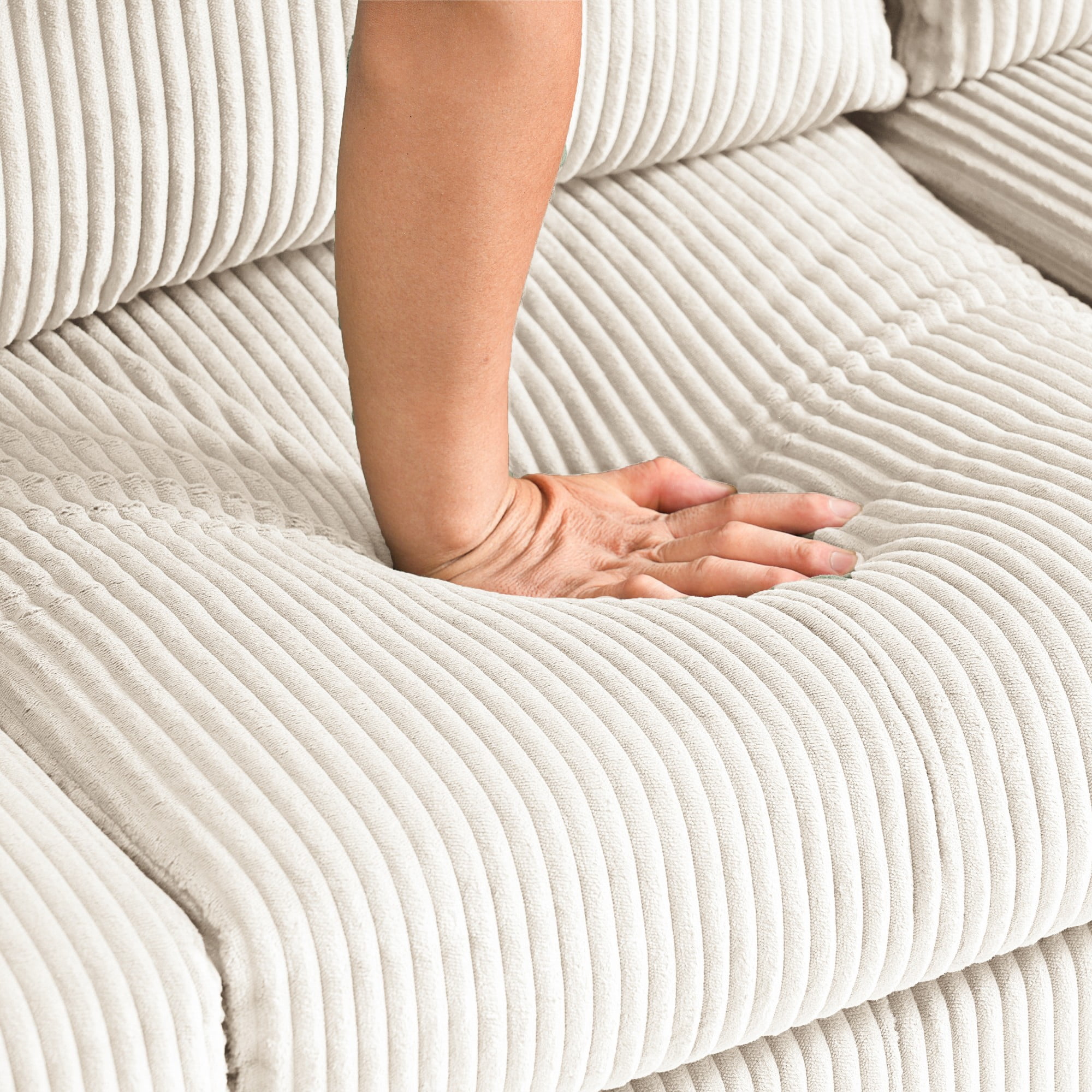 BSHTI 88.18" Corduroy L-Shaped Sectional Sofa with Memory Foam, Storage Chaise, Square Arms for Living Room（Off-White）