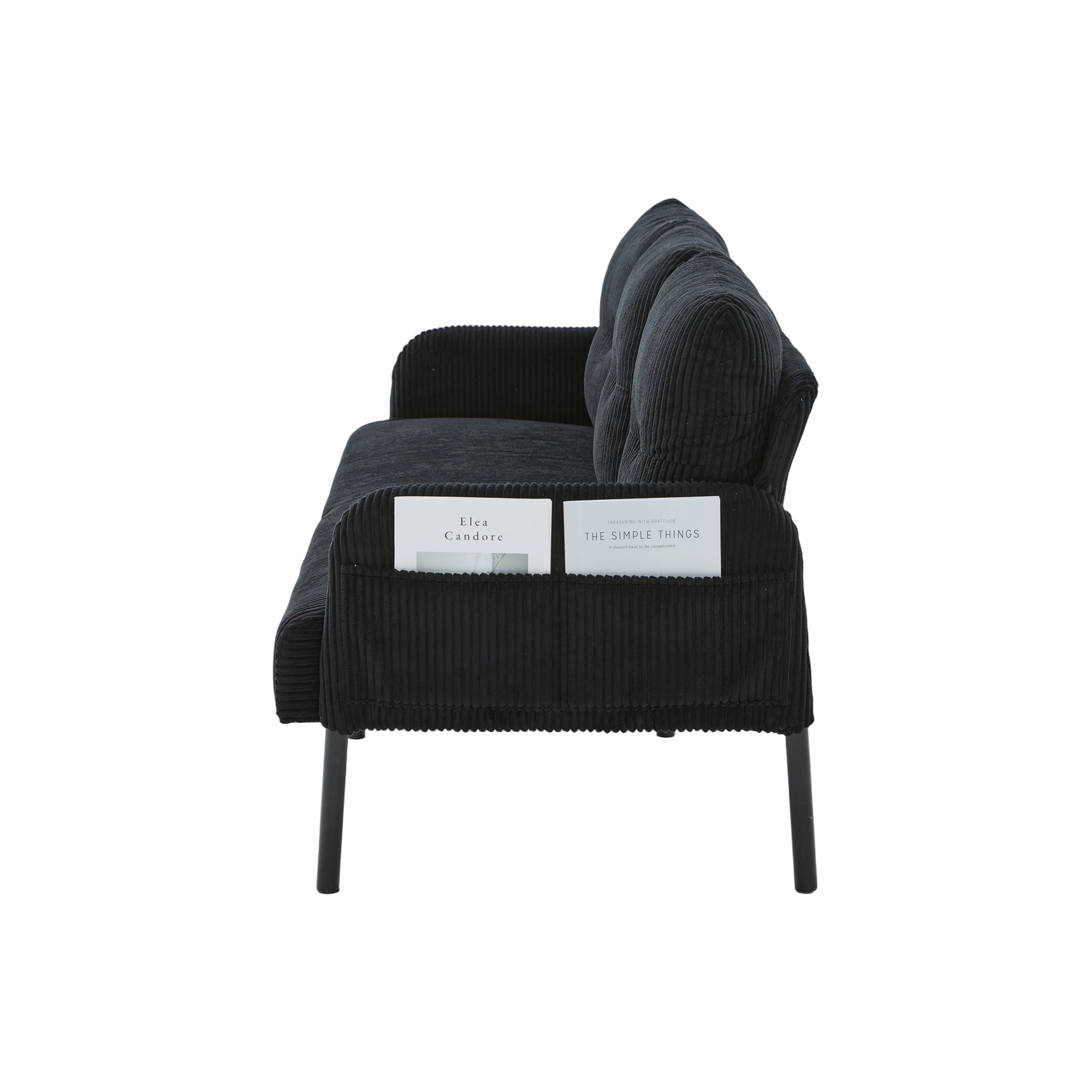 Loveseat, Small Sofa, Couch, Oversized Corduroy 2-Seater Sofa with Side Storage Pockets and Sturdy Metal Legs for Apartment, Dorm or Living Room, Black