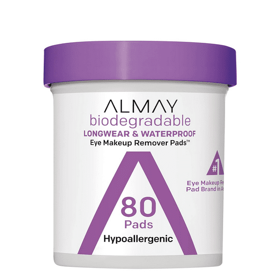 80 Count, Almay Longwear & Waterproof Eye Makeup Remover Pads, Hypoallergenic, Cruelty Free, Fragrance Free, Ophthalmologist Tested