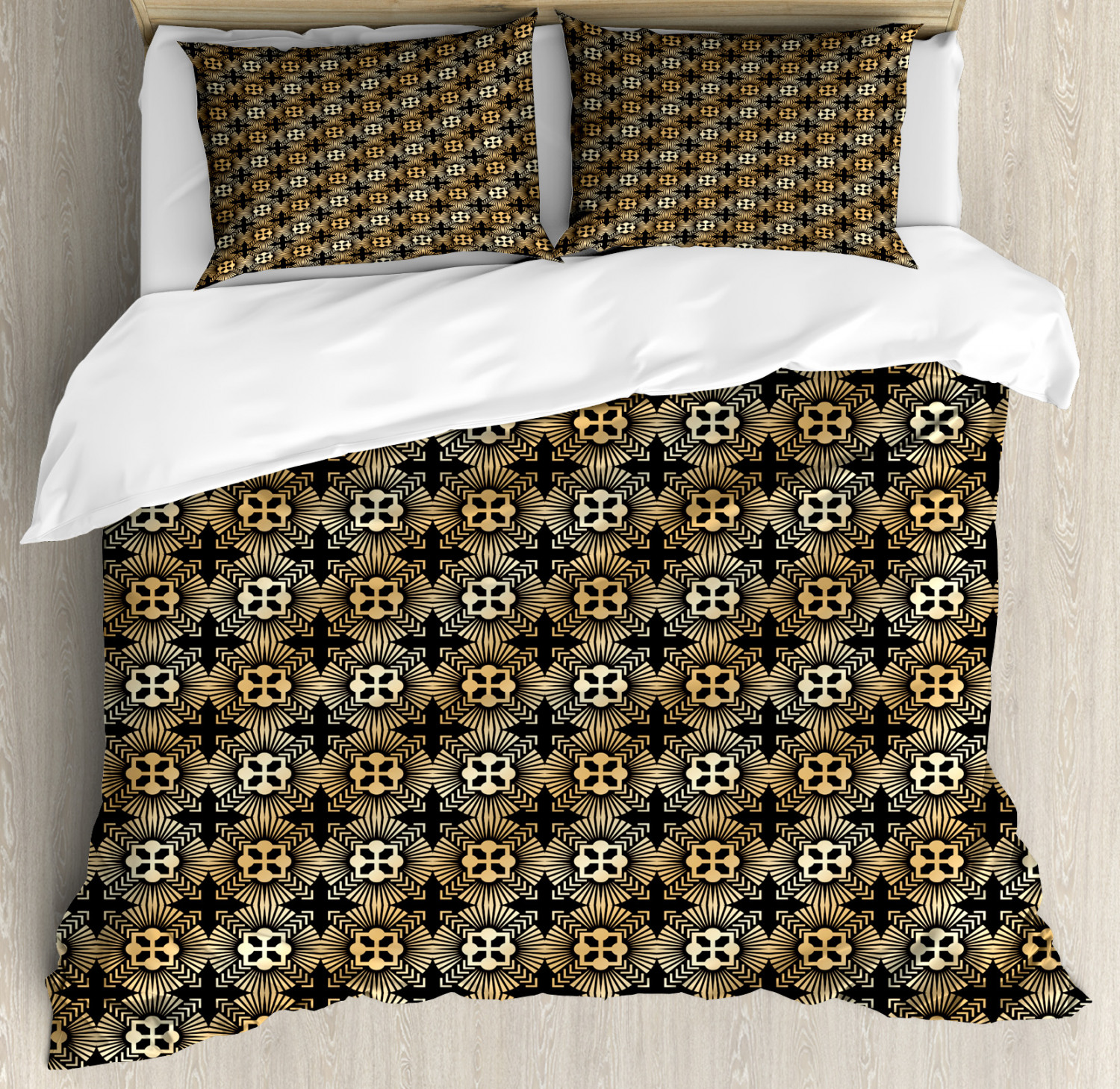 Art Deco King Size Duvet Cover Set, Palmette Circular Design with