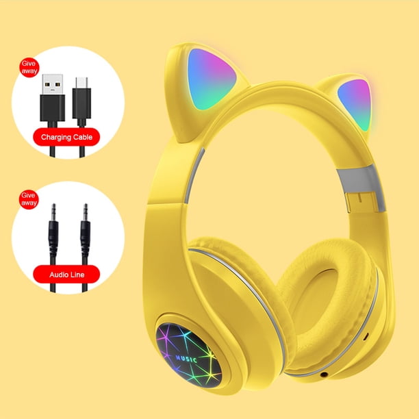 Monstrate Auriculares con orejas de gato con micrófono Bluetooth 5,0, auriculares inalámbricos con cancelación de ruido RGB, Gamer, adultos, niños y Cables de audio/vídeo No.05
