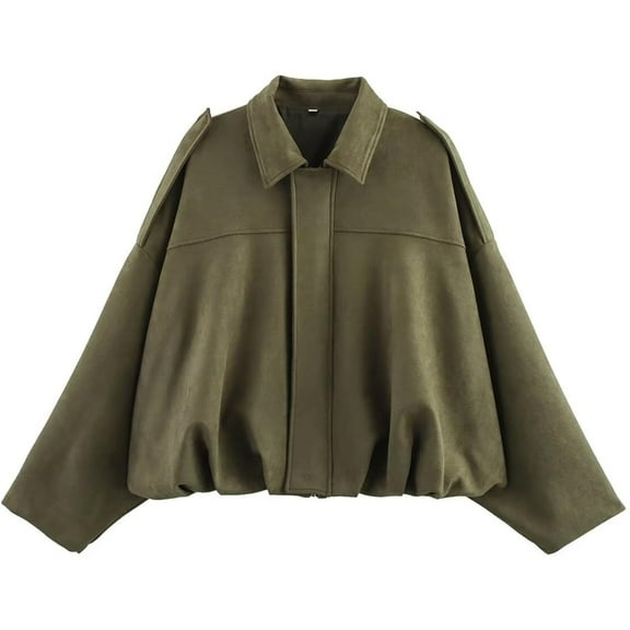 PUWEI Women's Faux Suede Bomber Jacket Lapel Collar Pilot Coat Oversized Motorcycle Jacket Outwear
