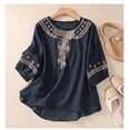 thumbnail image 6 of Women's 2 Piece Set, Embroidered Round Neck Top and Wide Leg Pants, Cotton Linen Matching Outfit for Casual Wear, Daily Outfits, Vacation, and Lounge-Black, 6 of 8