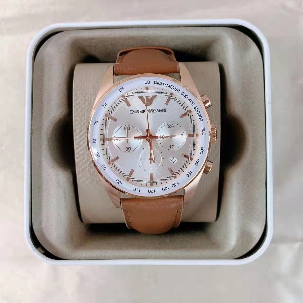 Emporio Armani AR5995 Men s Two Hand Brown Leather Watch