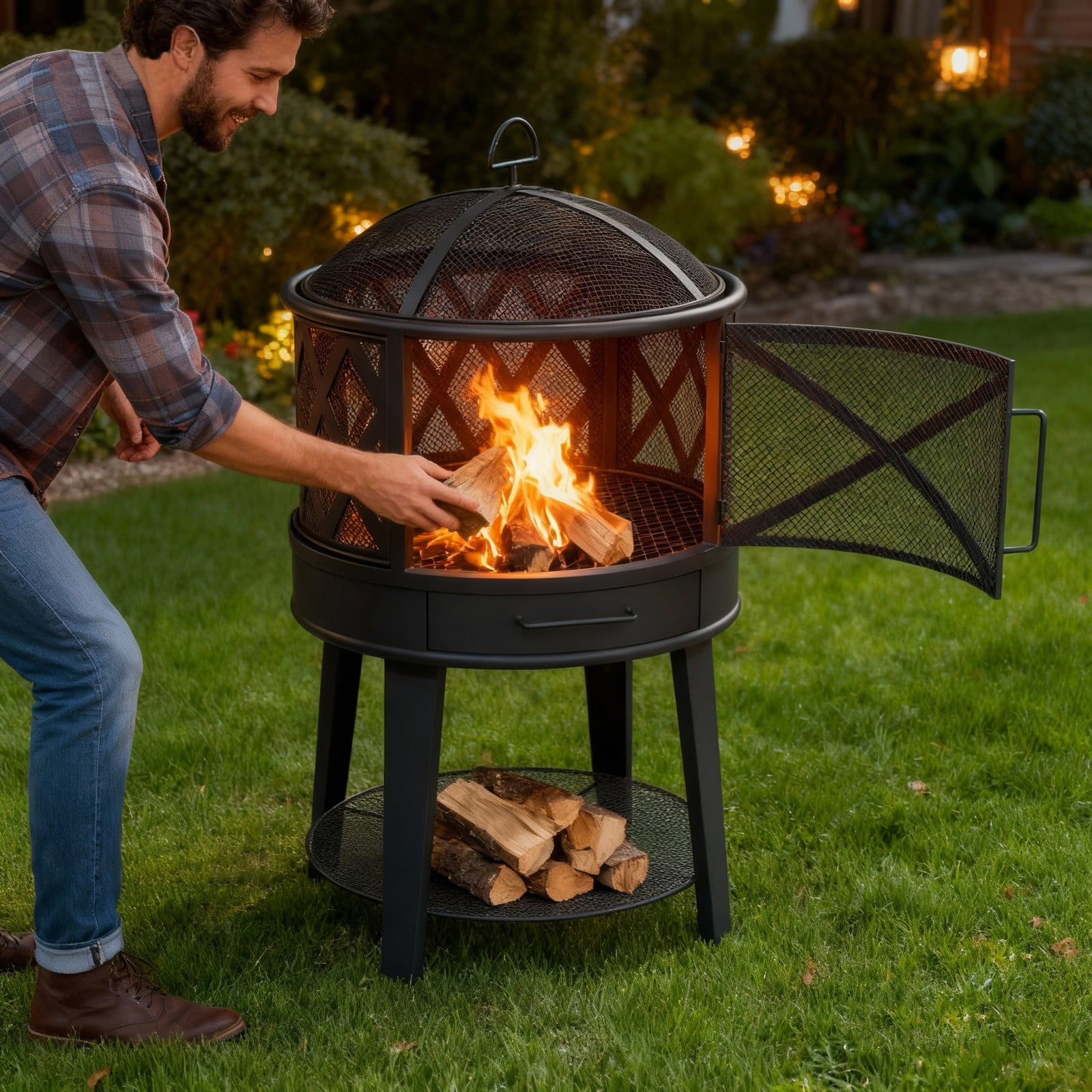 2-in-1 Wood Burning Fire Pit & BBQ Grill with Cover & Poker - Outdoor for Patio
