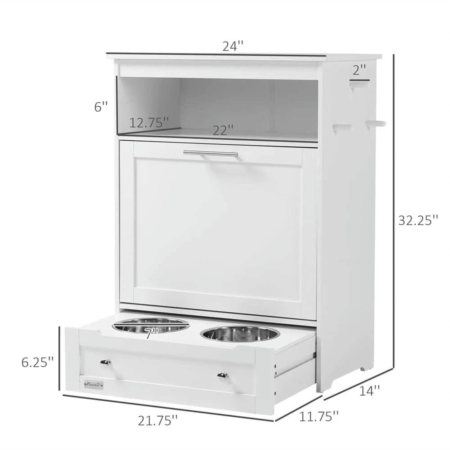 Kadyn Pet Feeder Station Cabinet for Indoor Dogs, Large Dog Food Storage Container with Elevated Bowls, Watering Station, White