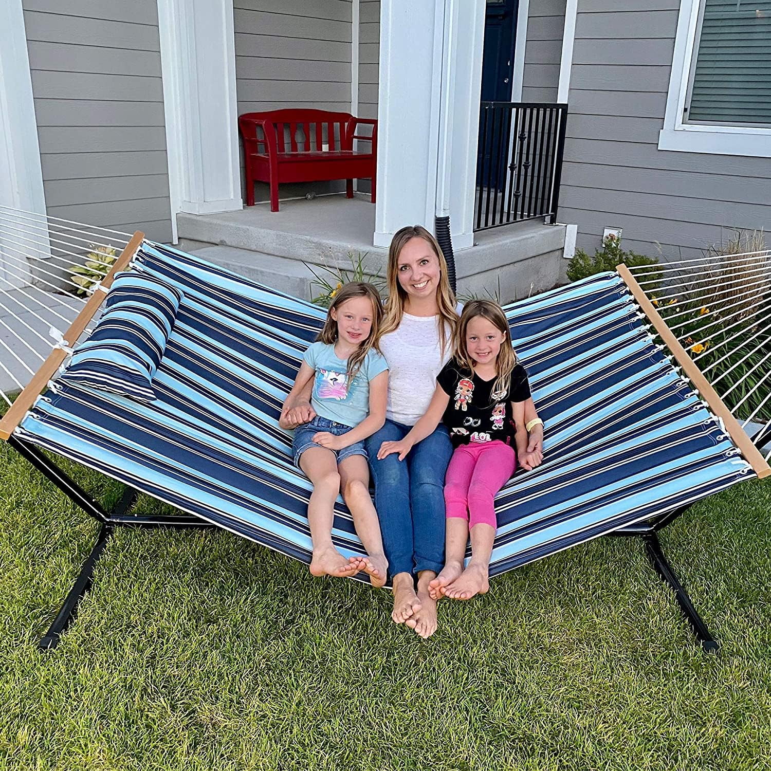 12 Ft Quilted Fabric Double Hammock With Spreader Bars And Detachable Pillow  450lbs Weight Capacity