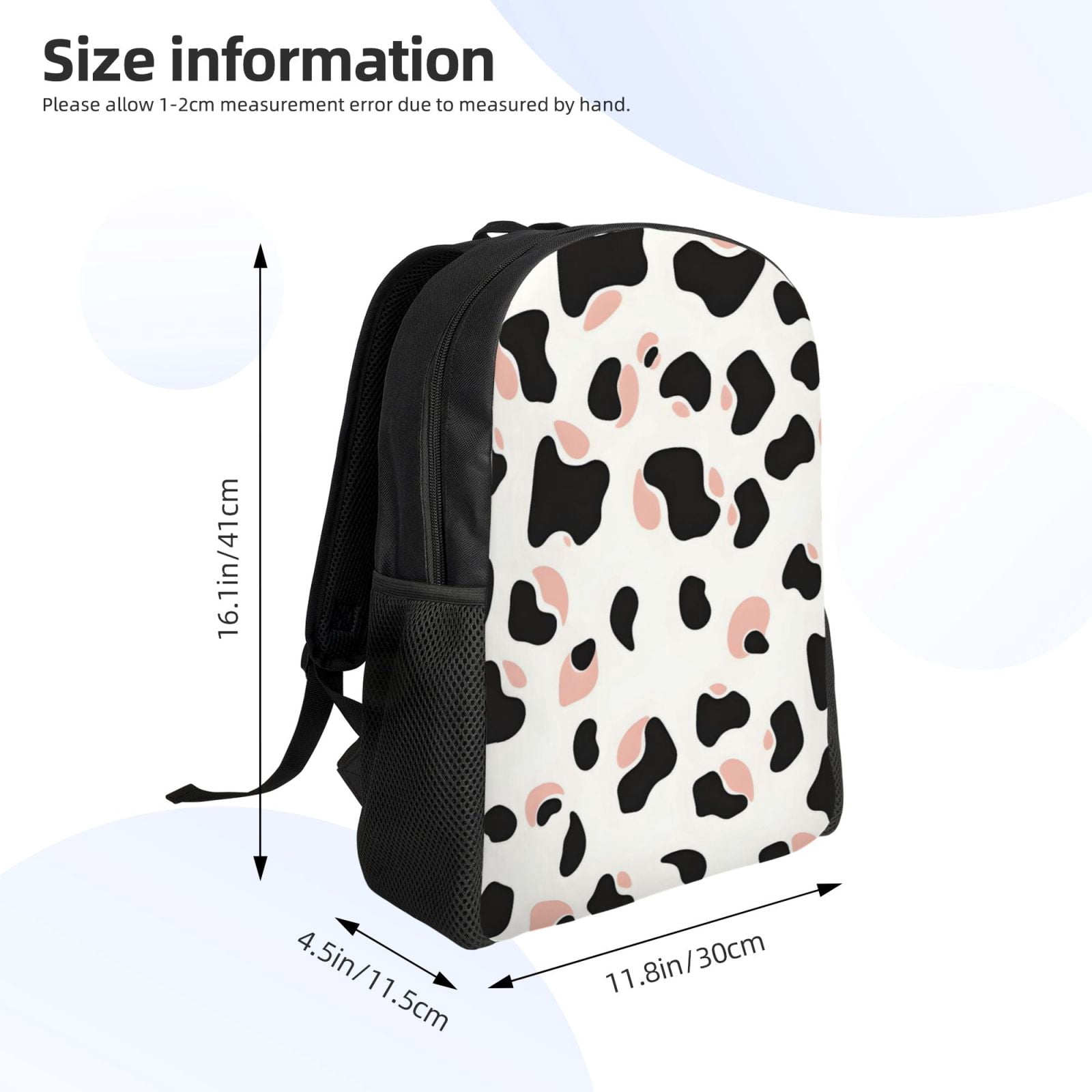 Single Side Full Backpack 16.1×11.8×4.5in Large Capacity Breathable Shoulder Belt Leisure Simple And Strong Bearing Capacity Simple Cow Print Pattern White Background, Pink And White_2