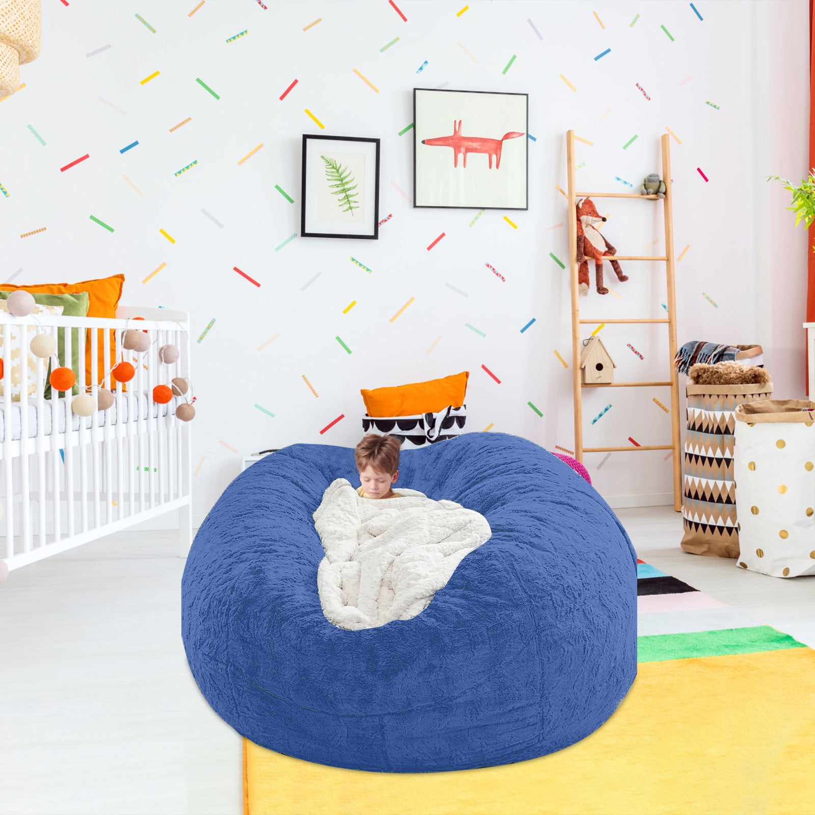 RBCKVXZ 4FT Giant Cotton Beans Bag Chair Cover, Ultra Soft Beans Bag Bed for Adults, Kids (No Filler) Big Round Soft Fluffys Velvet Beans Bag Lazy Sofa Bed Cover, Machine Washable, Blue