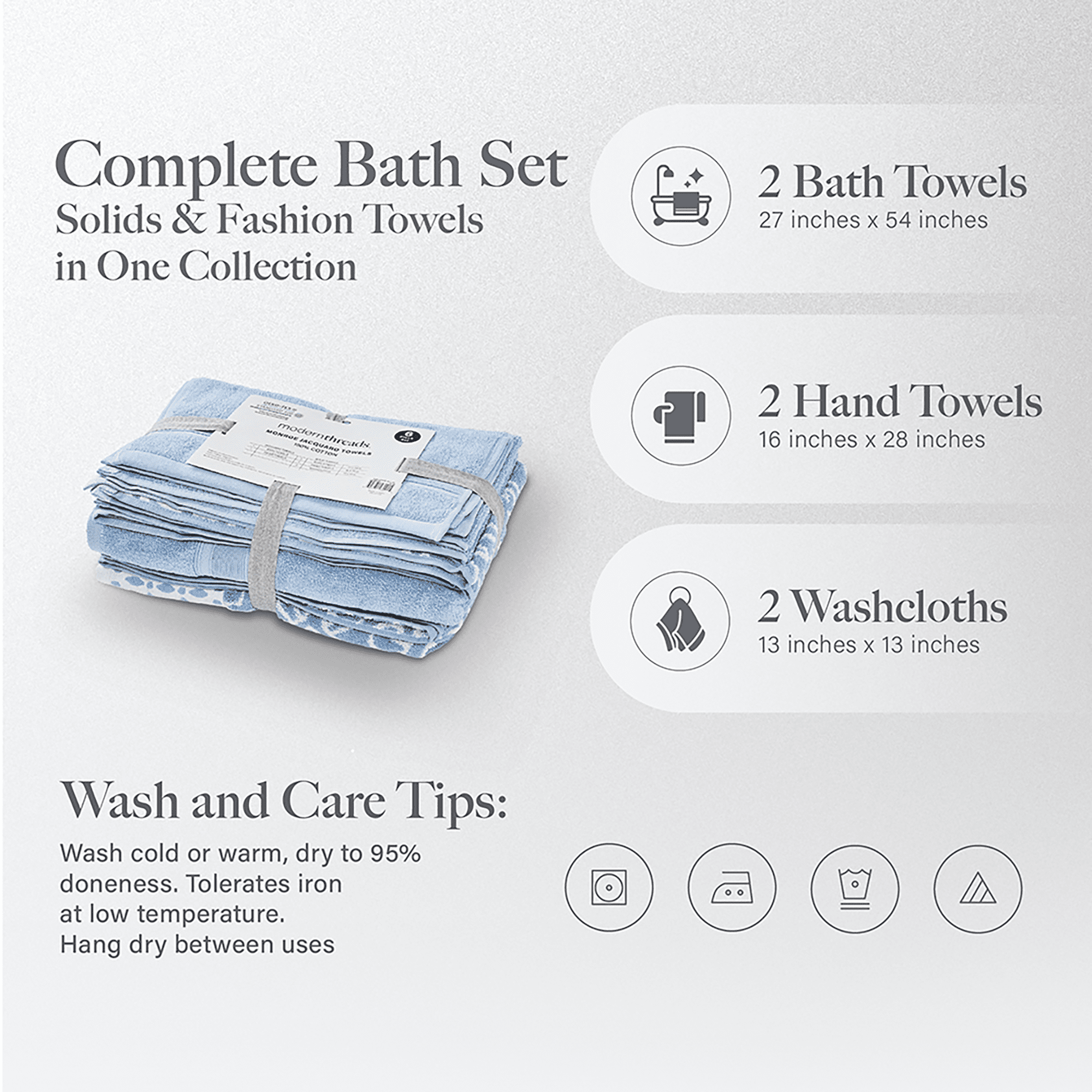 Modern Threads Monroe 6-Piece Cotton Bath Towel Set, Blue