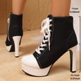 thumbnail image 4 of Heeled Ankle Boots for Women Fashion Round Toe Canvas Platform Heels Side Zipper Lace up Stilettos Furry Lined Booties Black Size 7.5, 4 of 7