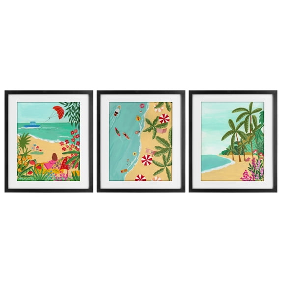 Busy Beach And Flowers 3 Piece Black Framed Print Under Glass Set, design by Nabeela Rumi