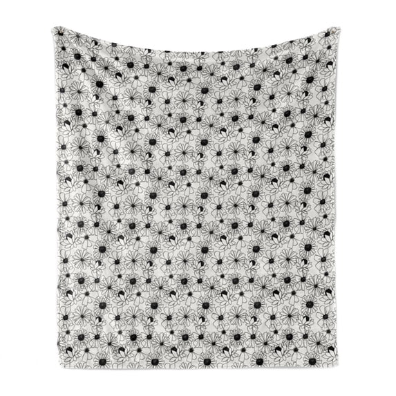 Flower Soft Flannel Fleece Throw Blanket, Simple Monochromatic Floral Repetition with Abstract Outline Petals, Cozy Plush for Indoor and Outdoor Use, 70" x 90", Ivory and Charcoal Grey, by Ambesonne