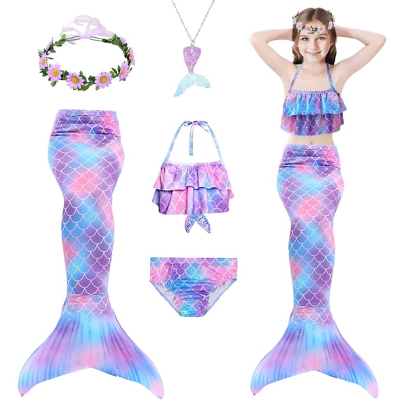 Forfamy 5Pcs Mermaid Tails for Swimming Girls Mermaid Swimsuit-Kids Mermaid Tail Princess Bikini Bathing Suit