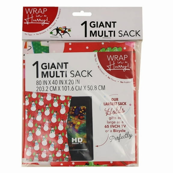 Giant Pull String Gift Bag, Red Snowman Pattern, by Wrap In A Hurry