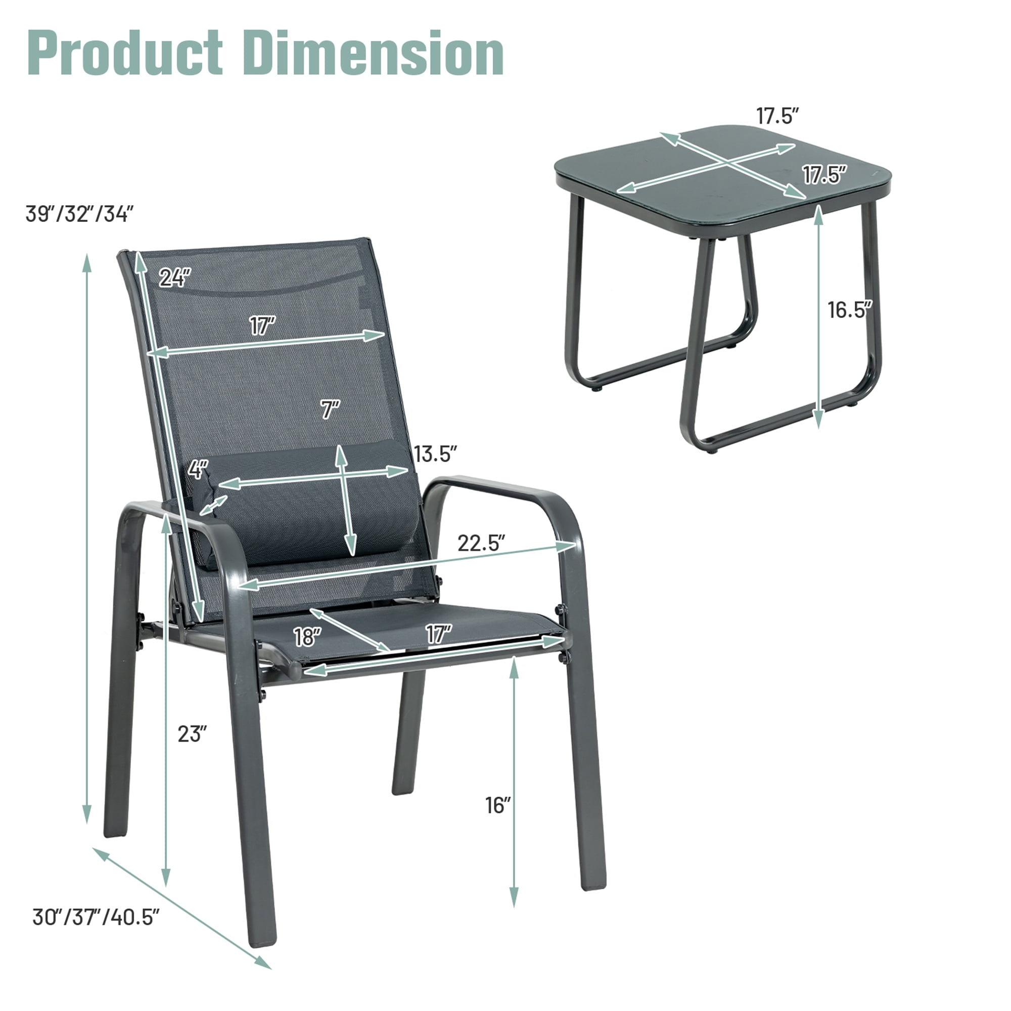 Gymax Grey 3PCS Outdoor Bistro Set Patio Conversation Set w/ Adjustable Backrest