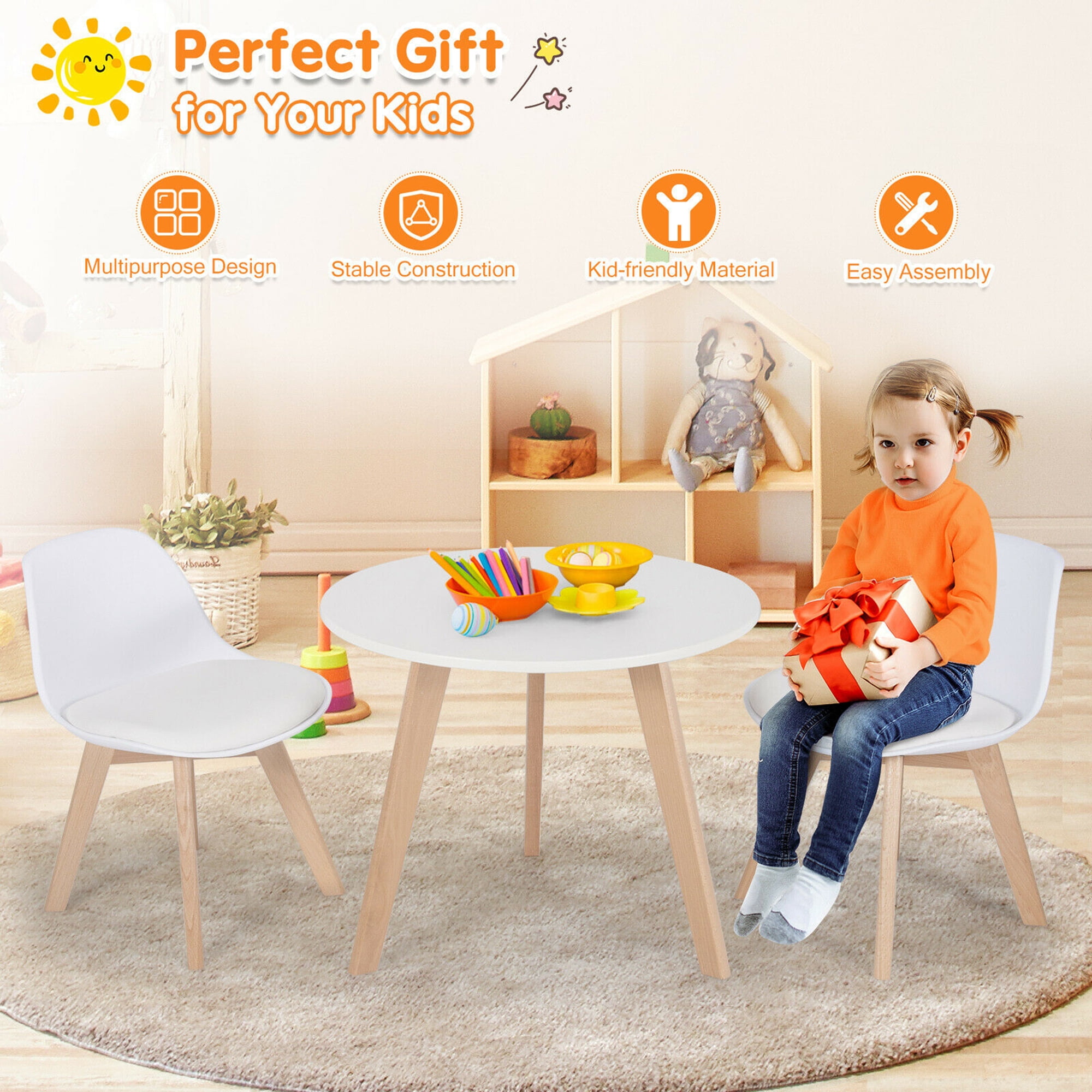Gymax Kids Table & 2 Chairs Set Modern Activity Play Table w/Beech Leg Cushion