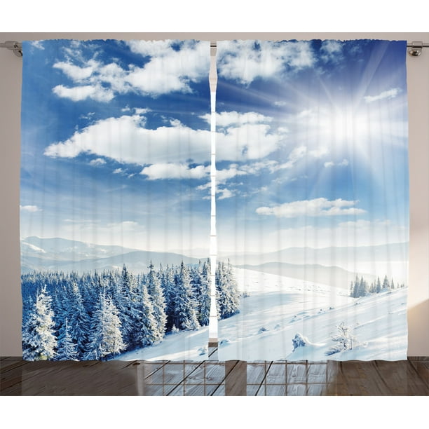 Winter Curtains 2 Panels Set, Idyllic Snow Covered Mountain Forest