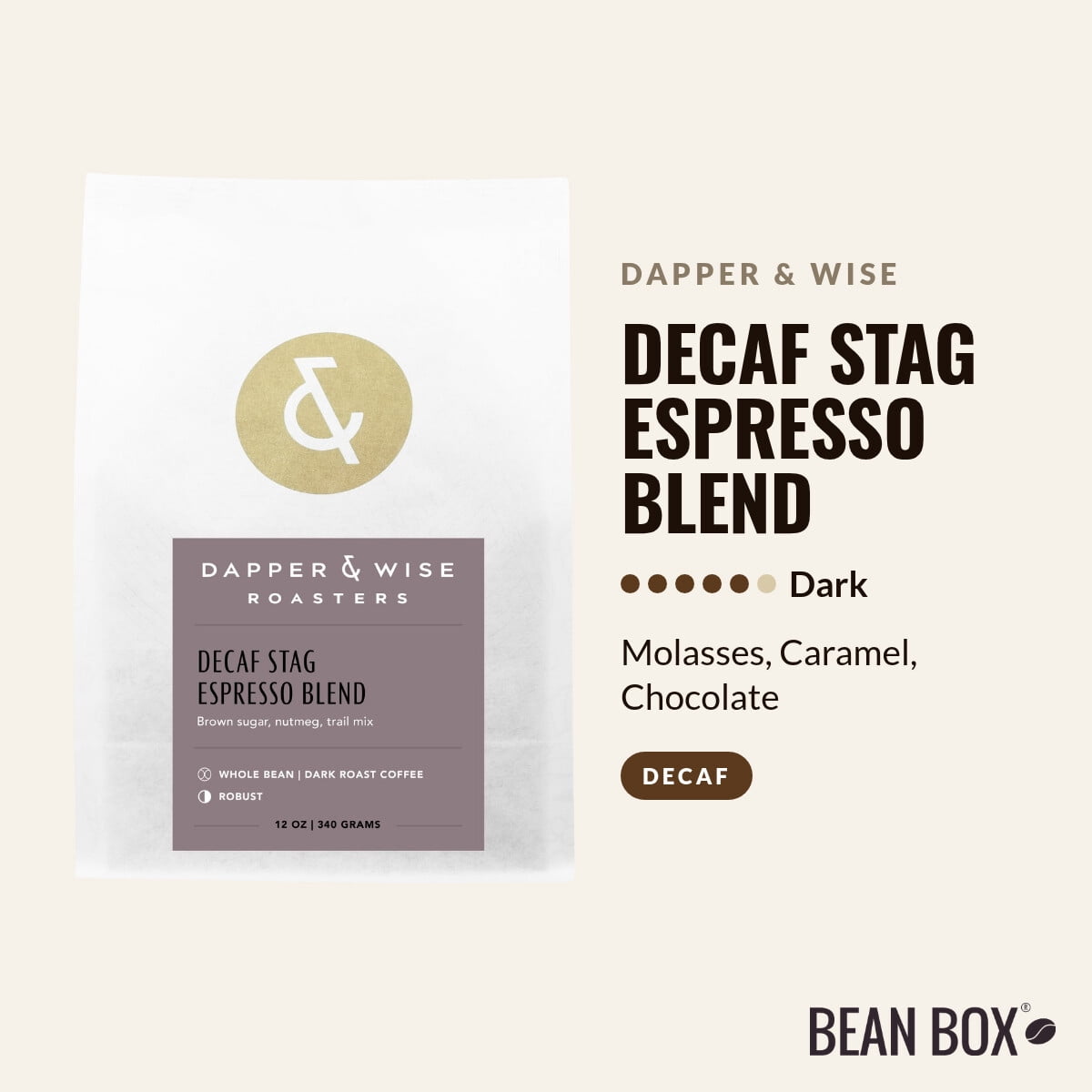 Decaf Stag Espresso Blend - Roasted by Dapper & Wise - Whole Bean Coffee - 12oz Bag