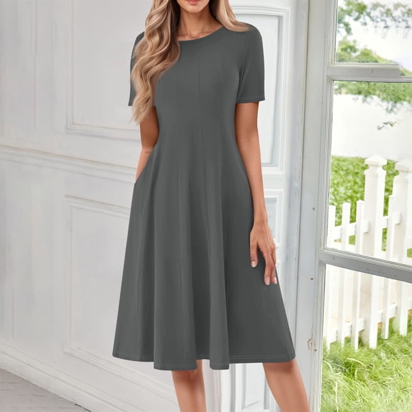 Vêtements pour Femmes Robe Italienne Robes d'Été pour Femmes 2025, Robe Décontractée de Tous les Jours pour le Trajet, Couleur Unie, Beaucoup de Petites Fleurs, Col Rond, Manches Courtes, avec Poches et une Longueur Longue