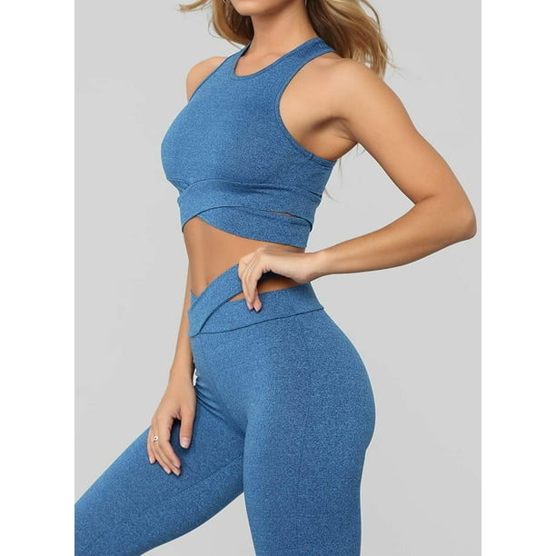 Women Criss Cross Bandage High Waisted 2 Piece Outfits Yoga Leggings with  Sports Bra Tracksuit 