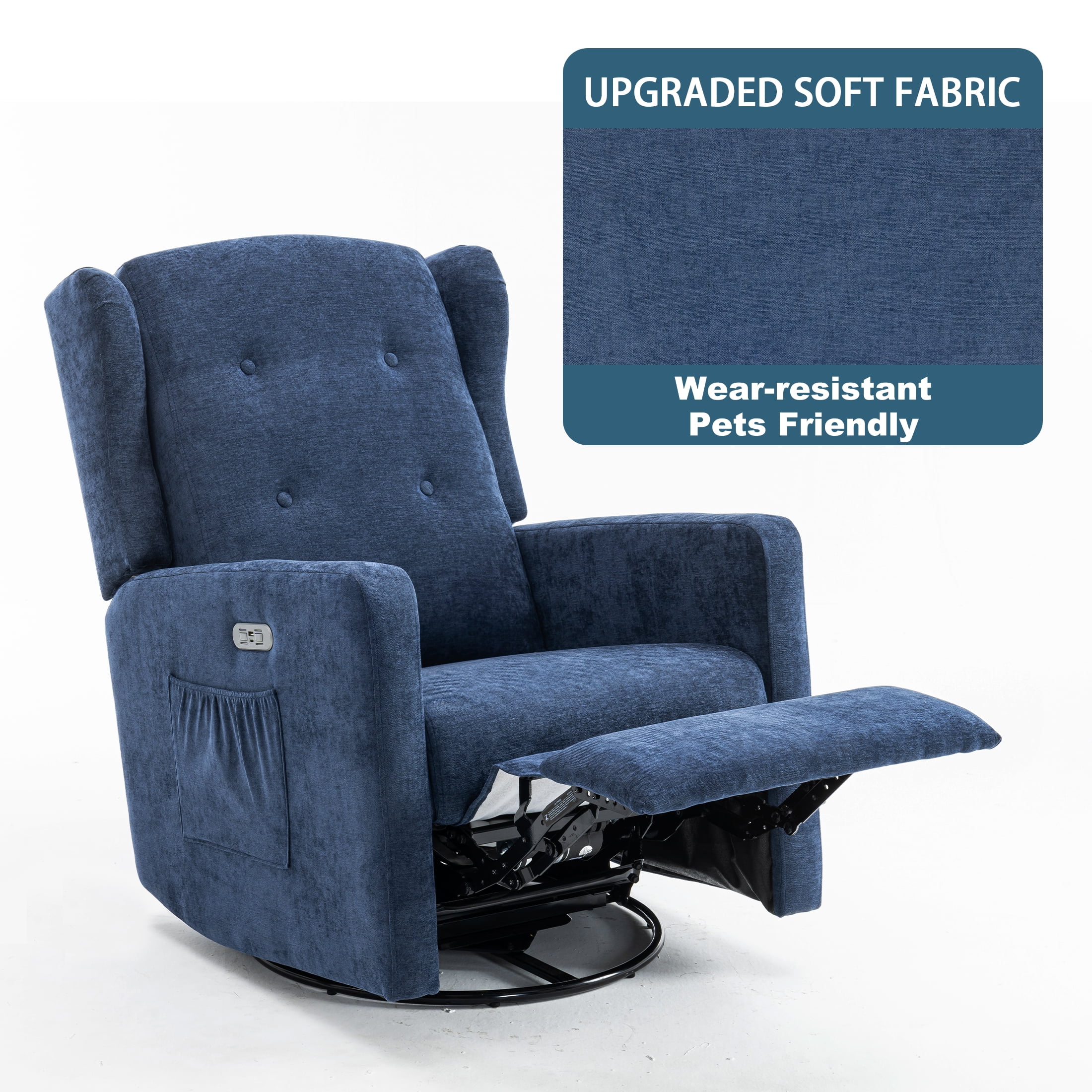 Power Swivel Rocking Recliner Chair, Electric Rocker Nursery Glider Chair, USB and Type-C Ports, Upholstered Fabric Reclining Single Sofa Chair for Living Room(NavyBlue)