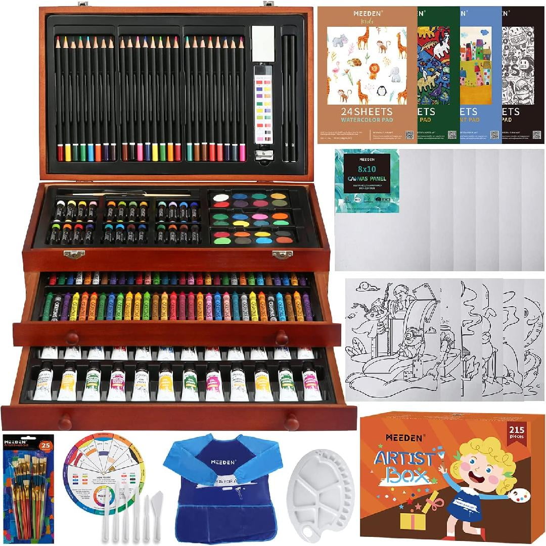 215 Pieces Deluxe Art Set, Wooden Art Box & Drawing Kit with Crayons