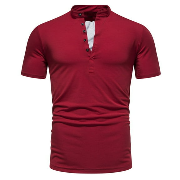 HAiming Mens Short Sleeve Shirt Plain Stand Collar Button Muscle Slim Pullover Tops Summer Casual Solid Color Blouse