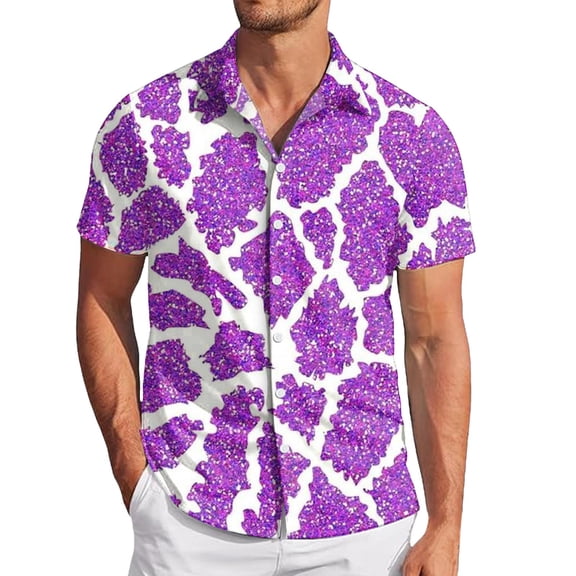 ChaoLingNeng Mens Shirt Sequin Button Down Top Mens Party Shirt,Mens Carnival Fashion Digital 3D Printed Short Sleeve Lapel Button Down Shirt Top,Mardi Gras Holiday Shirt for Men