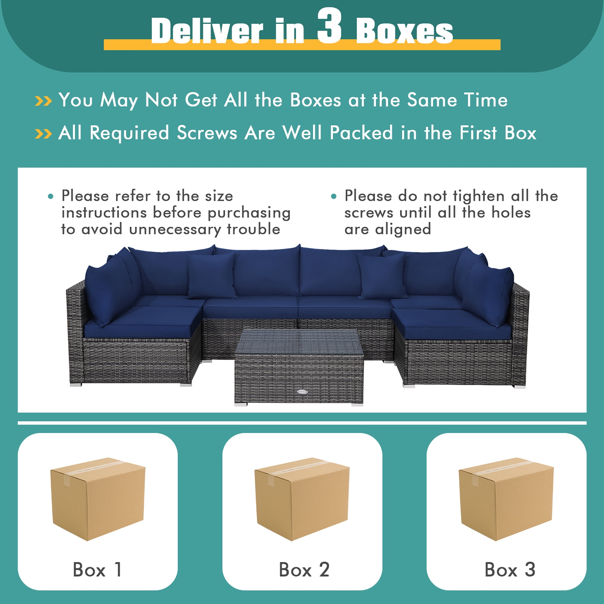 Costway 7PCS Patio Rattan Furniture Set Sectional Sofa Cushioned Garden Navy