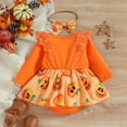 thumbnail image 4 of Baby Girl Halloween Striped Printed Lace Bow Romper Dress Hem Jumpsuit + Hairband Set,0-24M, 4 of 5