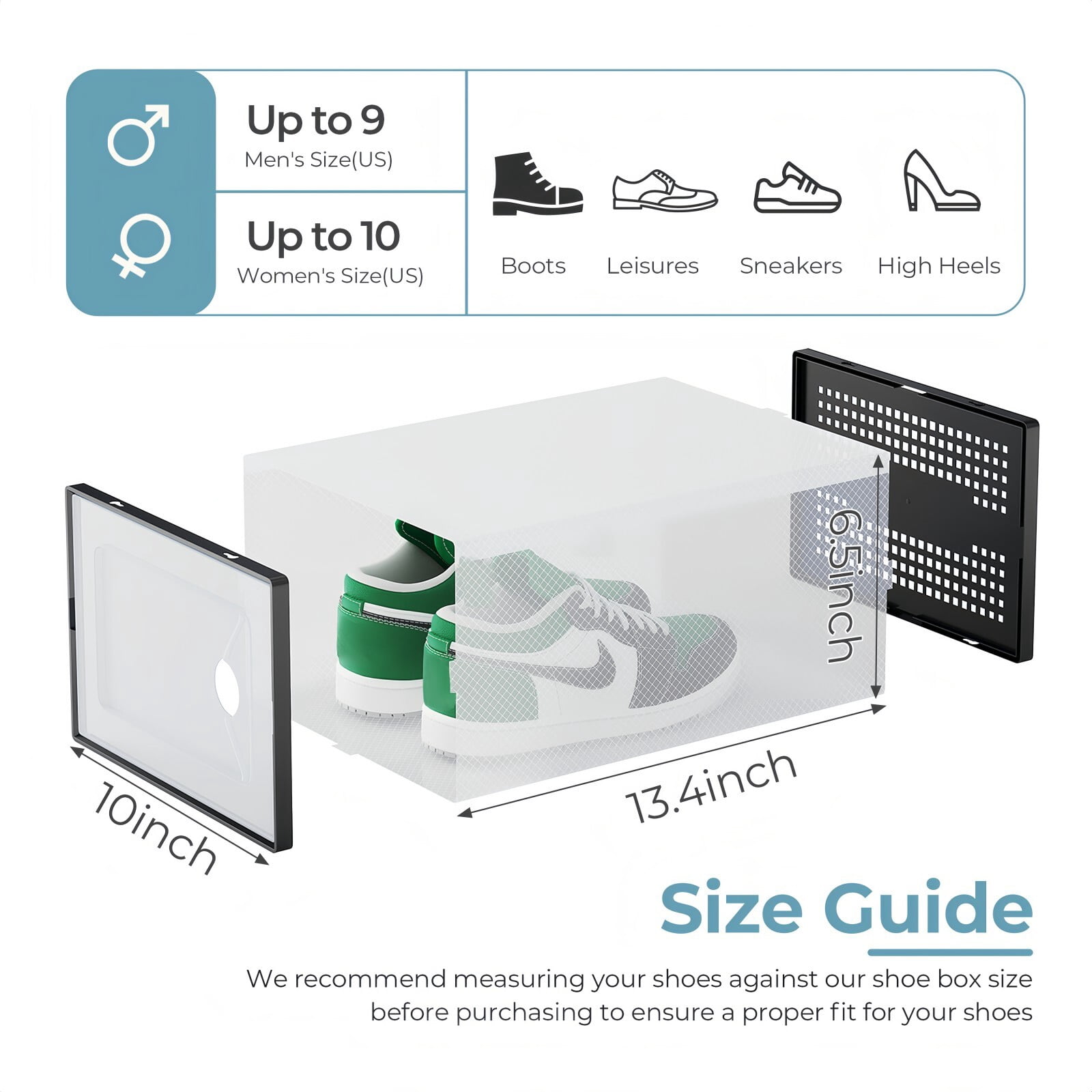 Kelno Stackable Shoe Box Organizer Ventilated Plastic Shoe Storage Bins up to US Size 11 for Closet Hallway Bedroom, Black