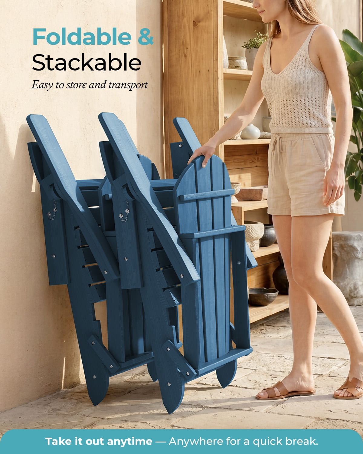 Folding Adirondack Chair, All-Weather HDPE Fire Pit Patio Chair, Navy