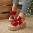 thumbnail image 3 of Rokment Women's Platform Wedge Flip Flops Delicate-Bee Bowknot Fashion Casual Suede Extra Chunky High Heels Slip on Backless Dress Sandals Comfortable Walking Slides Summer Shoes Red Size 9.5, 3 of 6