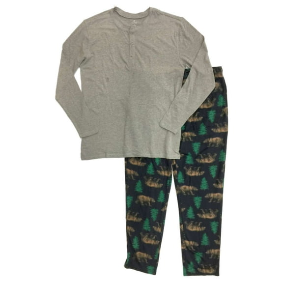 Mens 2pc Grizzly Bear Pajamas Sleep Set Fleece Lounge Pants & Long T-Shirt M
