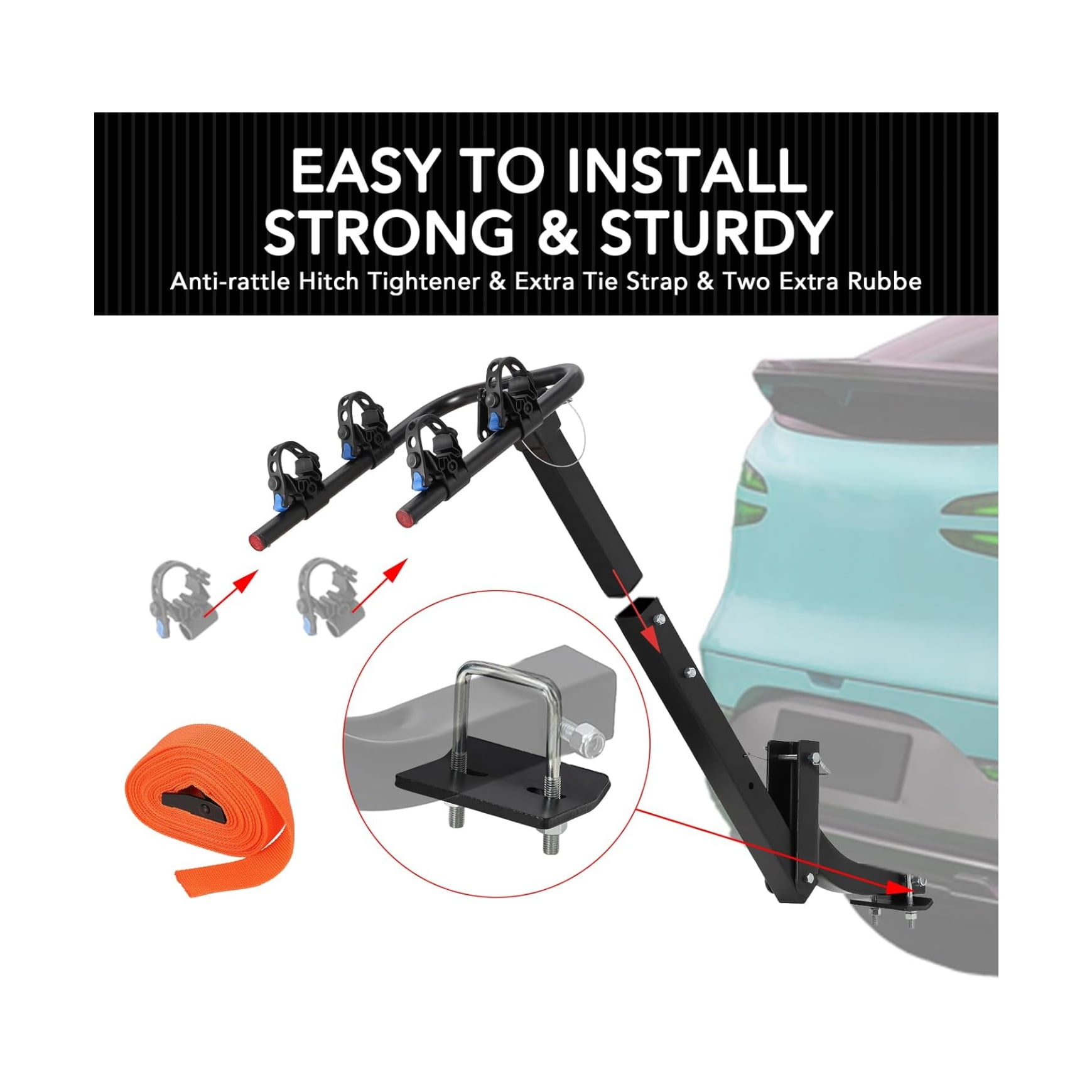 2-Bike Hitch-Mounted Bike Rack, Foldable Steel Frame Bicycle Car Rack with Anti-Rattle Hitch Tightener and Tie Straps, Bike Carrier Rack Hitch for SUVs, Trucks and More