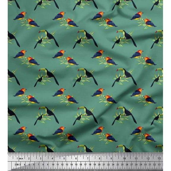 Soimoi Green Cotton Duck Fabric Leaves,American Robin & Toucan Bird Print Fabric by The Yard 42 Inch Wide