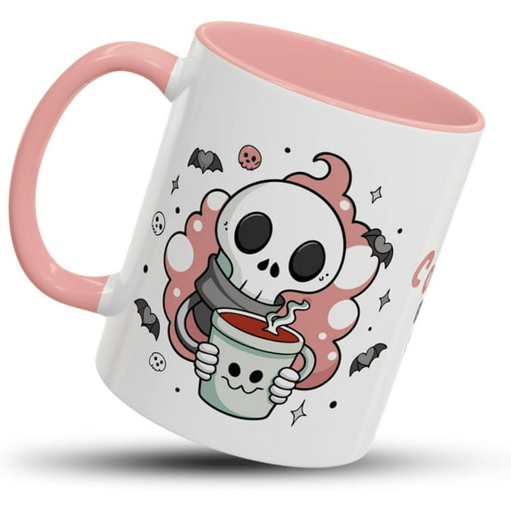 Halloween Mug - Spooky Skeleton Enjoying Coffee | Cute Cartoon Design | Perfect Halloween-Themed Coffee Mug for Friends | Funny Skeleton Coffee Mug for Halloween (11oz) (Pink)