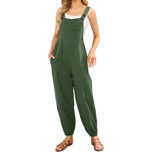 Overol sin mangas para mujer, estilo casual, de verano, pierna ancha, pantalones bottons, manga larga, con botones Verde G Verde G Xishao ropa